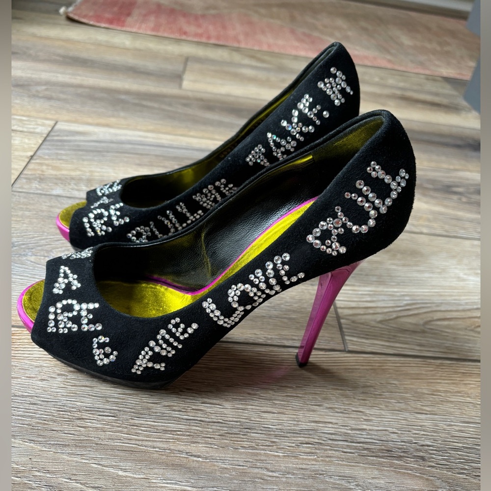 Giuseppe Zanotti Black Suede Crystal Embellished Peep Toe Platform Pumps